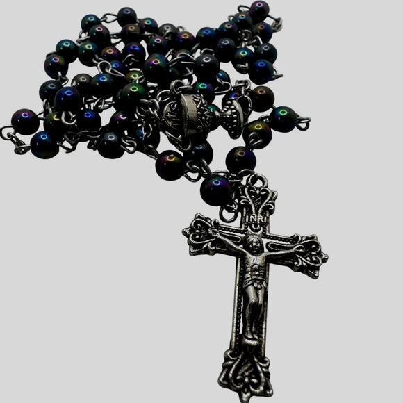 Vintage Black Iridescent Glass Bead Rosary, Catholic Prayer Beads, Crucifix - Picture 8 of 9